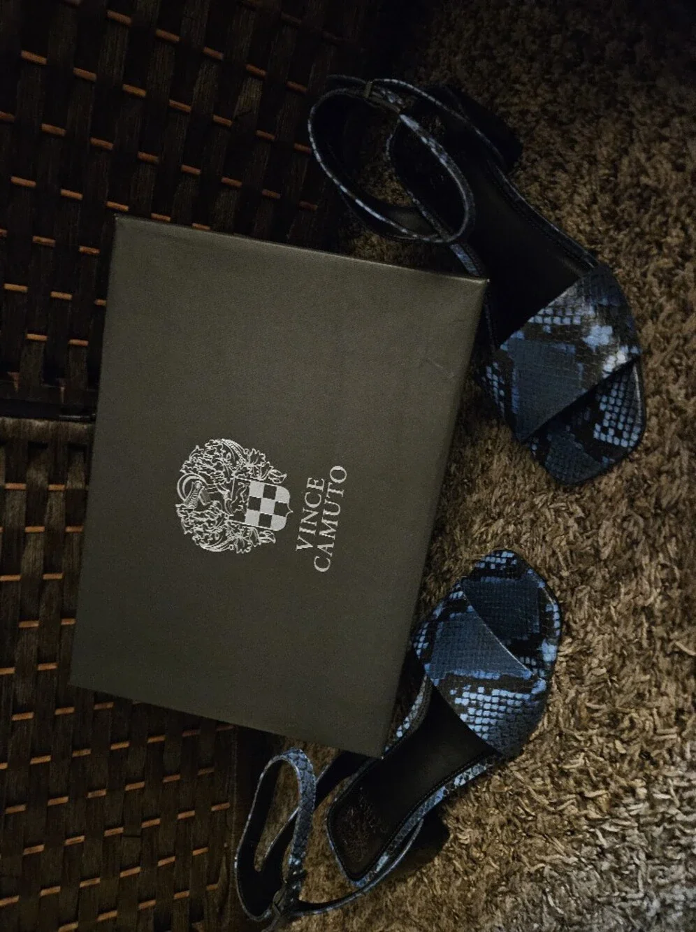Vince Camuto Black and Blue Snake-Print Strappy Heels